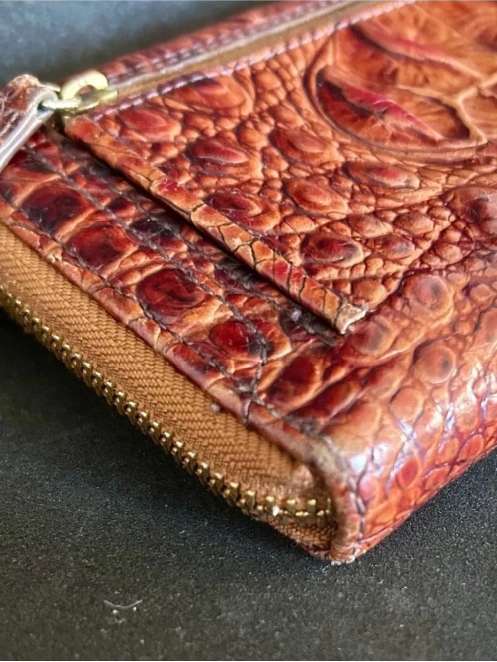 Vintage Brahmin Suri Leather Long Wallet Zip Around Cognac Brown Croc Embossed